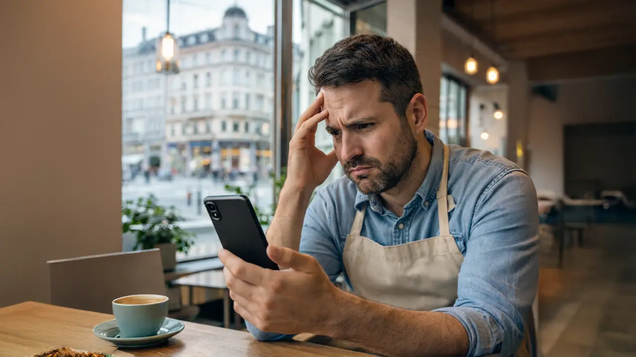 Frustrierter Cafébesitzer in Wien blickt auf sein Smartphone