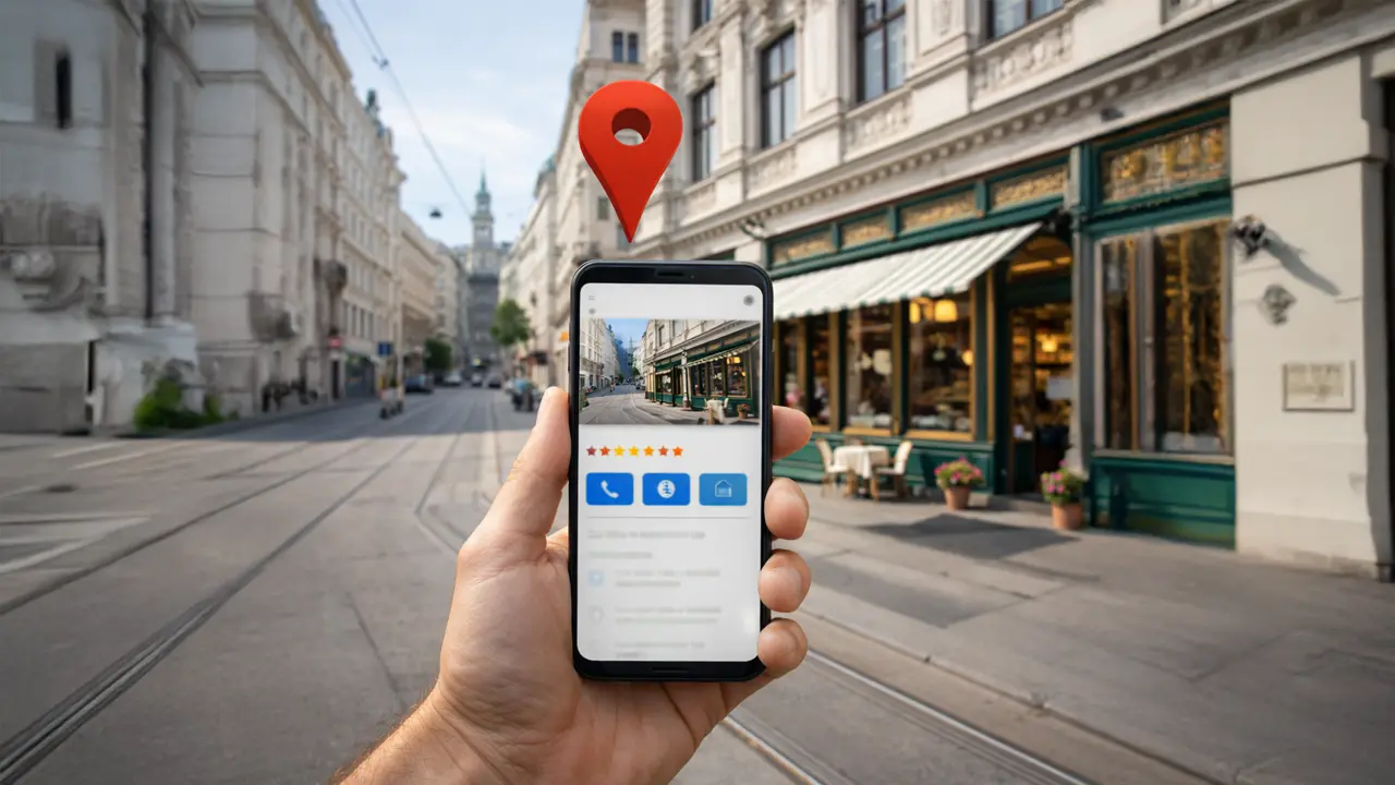 Smartphone mit Google Business Profil eines Wiener Geschäfts und Standort-Pin