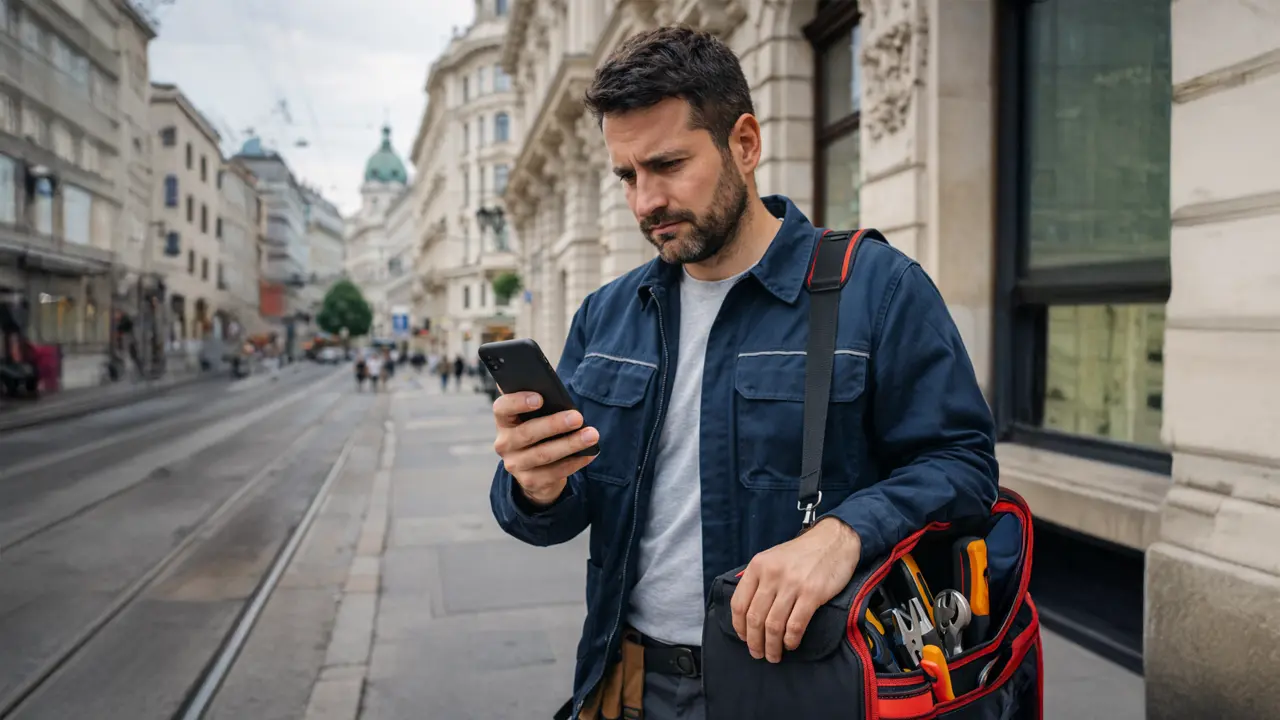 Handwerker mit Werkzeugtasche schaut auf sein Smartphone in einer Wiener Straße