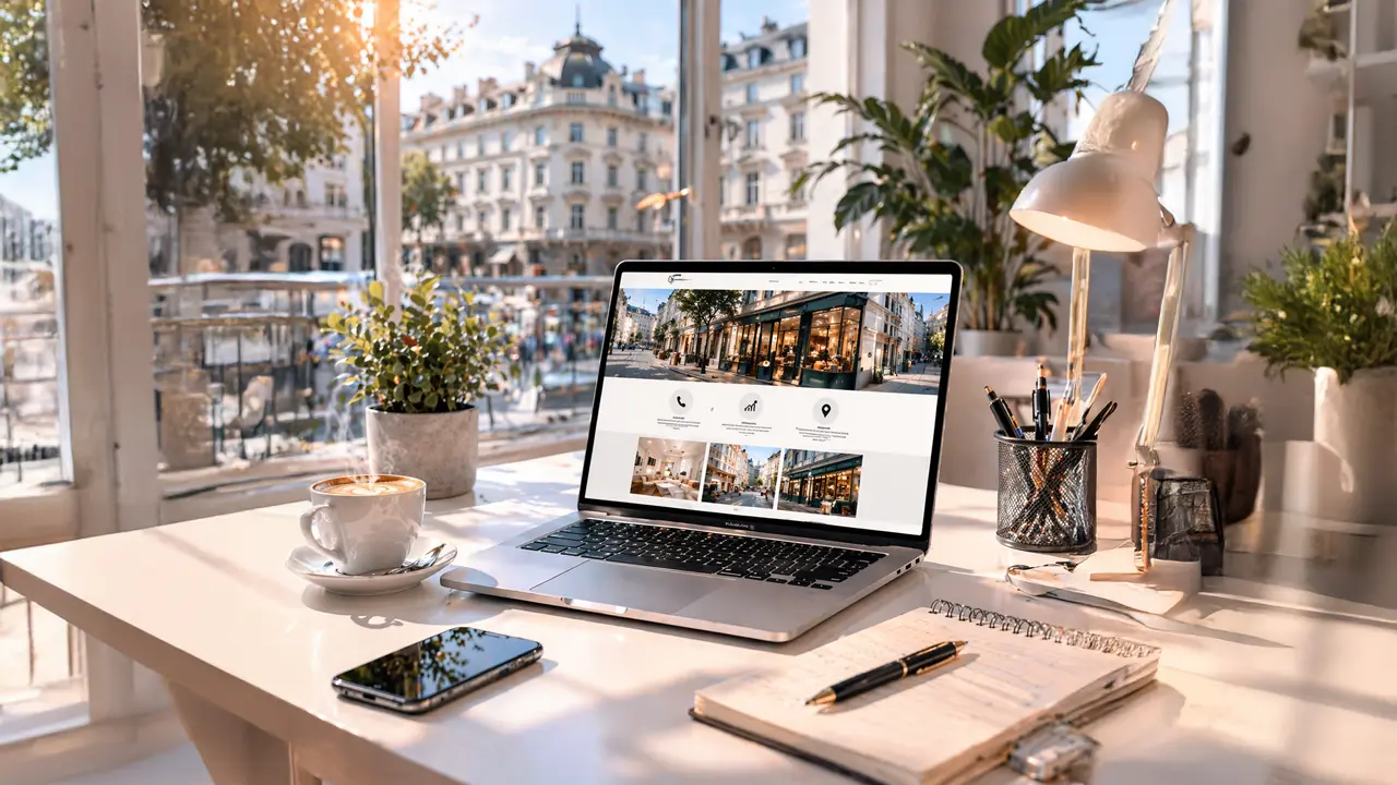 Laptop mit professioneller Website auf einem hellen Schreibtisch in Wien