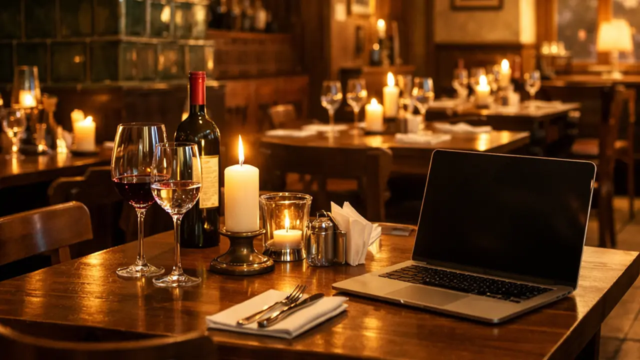 Stimmungsvolles Wiener Restaurant mit Kerzenlicht und Laptop am Tisch