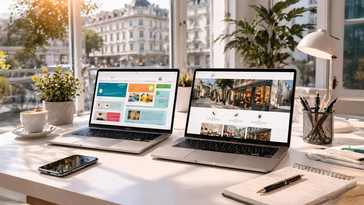 Zwei Laptops nebeneinander mit Baukasten-Website und maßgeschneiderter Website im Vergleich
